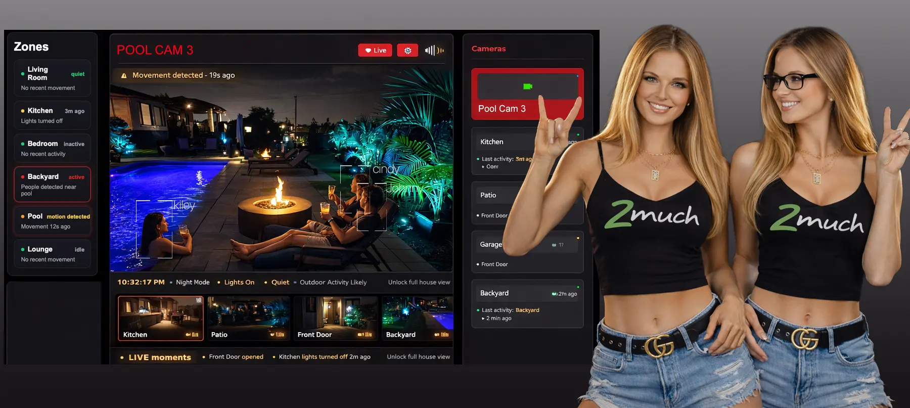 Miricam VoyeurLife Mode operator dashboard showing multi-zone live feeds, camera list, live activity indicators, and the Live Moments strip