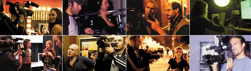 Behind-the-scenes collage from Webdreams documentary - models, camera crew, sound team, writers and directors filming at 2MUCH.NET offices